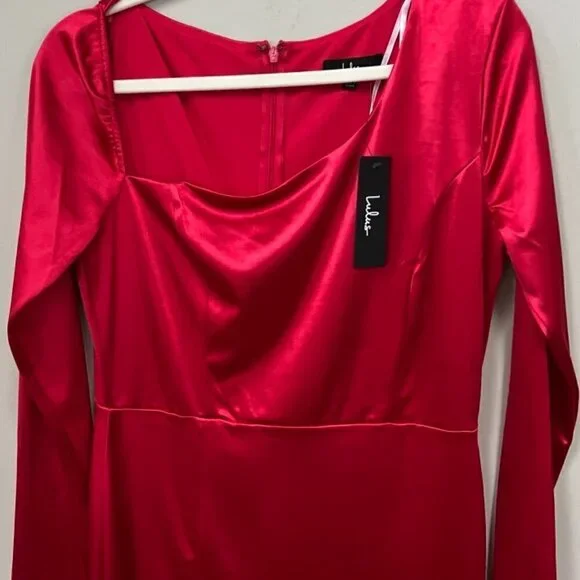 Lulu's Off to the Ball Red Satin Long Sleeve Maxi Dress Size XL - Picture 5 of 9